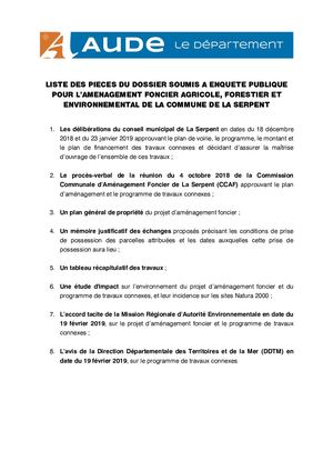procédure d'aménagement foncier de la commune de La Serpent  - Dossier Complet