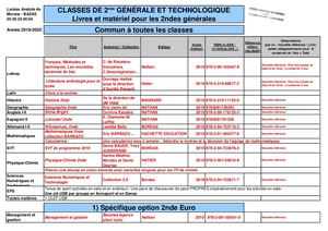LEGT 2019 2020 2nde Generale Liste Manuels Matériel