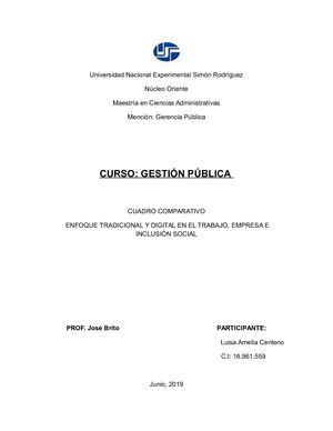 CUADRO COMPARATIVO  ENFOQUE TRADICIONAL Y DIGITAL EN EL TRABAJO, EMPRESA E INCLUSIÓN SOCIAL LUISA CENTENO