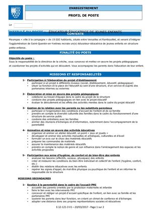 Profil De Poste éDucateur éDucatrice De Jeunes Enfants, Service Petite Enfance 29 04 2019