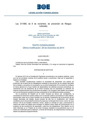 Ley 31 1995, De 8 De Noviembre, De Prevención De Riesgos - BOE A 1995 24292 Consolidado