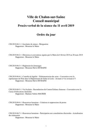 Procès Verbal Conseil Municipal Du 11 Avril 2019