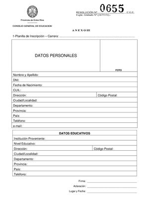 Planilla De Inscripción