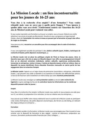 Presentation De La Mission Locale