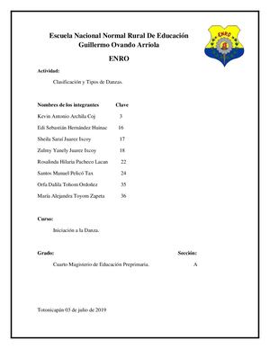 Clasificación Y Tipo D De La Danza 4to Magisterio Preprimaria Sección A