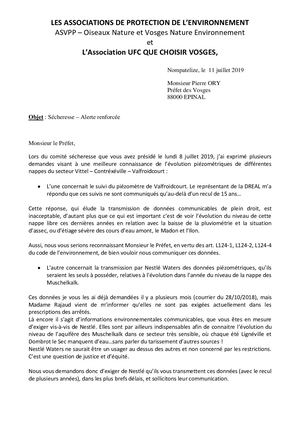 Courrier Mr Le Préfet 11 Juil 19 Sécheresse