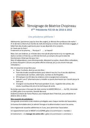 Témoignage de Béatrice Chopineau, past-présidente FCE63