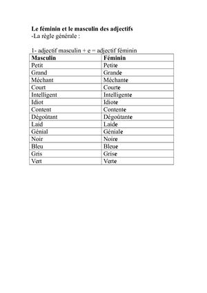 Le Féminin Et Le Masculin Des Adjectifs