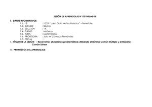 3 Sesión De Aprendizaje N03 Unidad06 2017 Resolvemos Situaciones Problemáticas Utilizando El Mínimo Común Múltiplo Y El Máximo