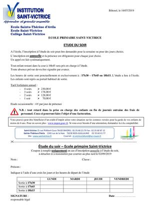 3 Fiche D'inscription Etude Ecole Saint Victrice 2019 2020