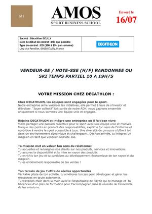 [M1- M1 inter] Offre CDI - Temps Partiel Décathlon Ecully