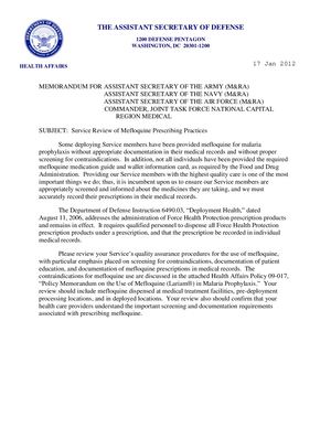 Asst Secdef Memo Regarding Mefloquine Documentation In Strs~20120117