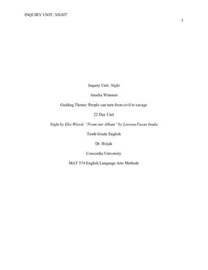 Inquiry Unit: Night by Elie Wiesel