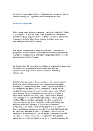 Jorge Gomez Aracena Patricio Valdés Bastías, La Juventud Radical Revolucionaria Y Los Origenes De La Unidad Popular En Chile