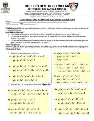 Taller operaciones básicas de polinomios:Suma, Resta y Producto.