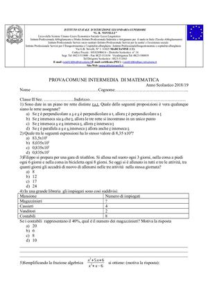 Prove Comuni Intermedie Matematica Classe Ii 2018 19