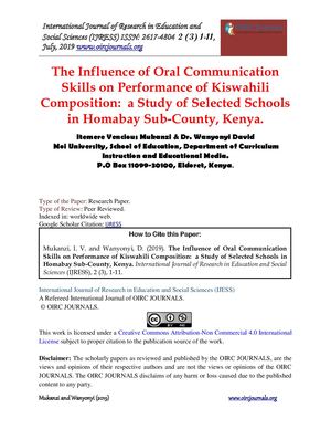 The Influence Of Oral Communication Skills On Performance Of Kiswahili Composition