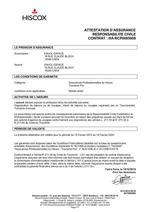 Rcp Hiscox Attestation 2019 Envol Espace