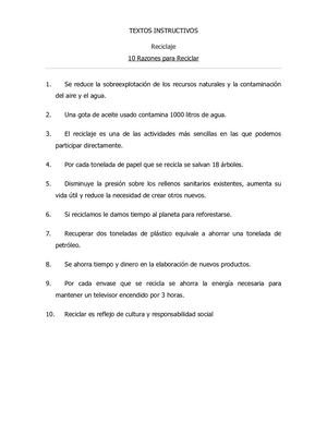 Textos Instructivos 10 Razones Para Reciclar