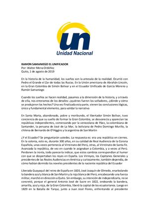 Ramon Samaniego Y La Unidad Del Ecuador Doc1