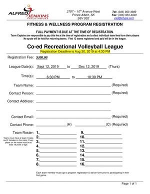 Recreational Volleyball Registration Form Fall Winter 2019