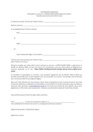 Autorisation Parentale Concours Paper Planes Teens English Prize 2020