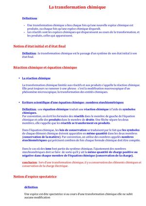 seconde La Transformation Chimique Résumé De Cours