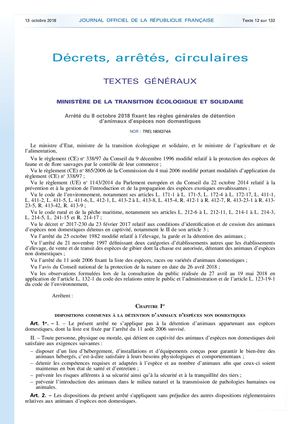 Arrêté du 8 octobre 2018 fixant les règles générales de détention  d’animaux d’espèces non domestiques