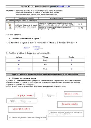 6ème - Activité 2 Calculs De Vitesse (Arbre) Correction