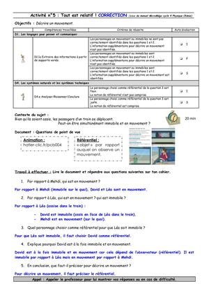 5ème - Activité 5 Tout Est Relatif ! CORRECTION