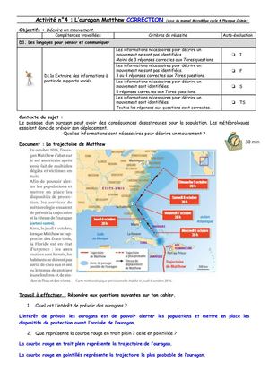 5ème - Activité 4 L'ouragan Matthew CORRECTION