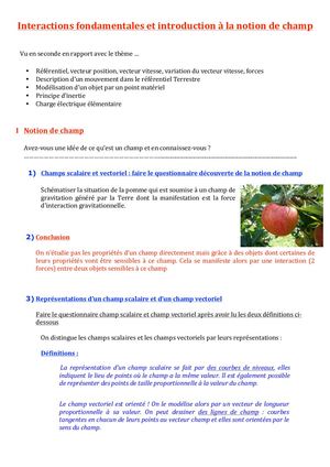 1ère spécialité cours Interactions Fondamentales Et Introduction À La Notion De Champ