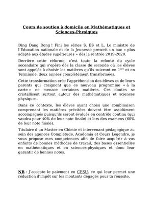 Annonce Cours Particuliers à domicile