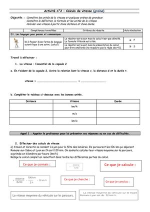 6ème - Activité 2 Calculs De Vitesse (graine).