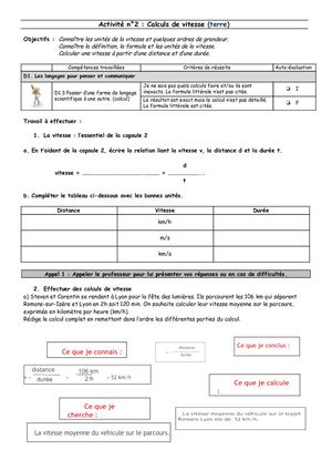 6ème - Activité 2 Calculs De Vitesse (terre).