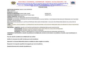 Plan De Clase sobre la solución de problemas de multiplicación.