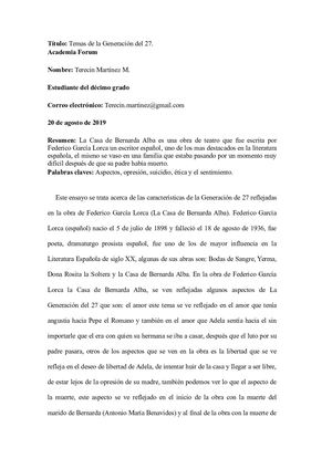 Este Ensayo Se Trata Acerca De Las Características De La Generación De 27 Reflejadas En La Obra De Federico García Lorca
