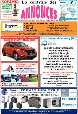 La Centrale des Annonces  N° 1436 Semaine du 28 Juillet au 10 Août 2019 - Prix 25 DA. ISSN 1111 - 4223