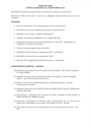 Séance du Conseil Municipal du 29 09 2014
