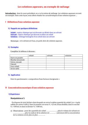 seconde cours Les Solutions Aqueuses Un Exemple De Mélange