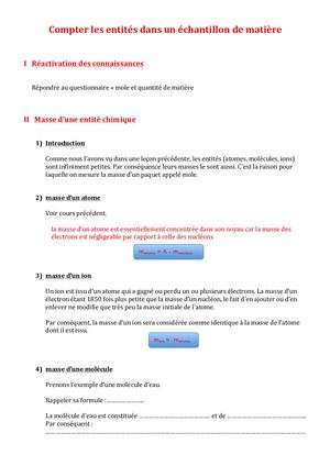 SECONDE COURS Compter Les Entités Dans Un Échantillon De Matière