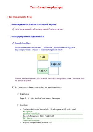 seconde cours Transformation Physique