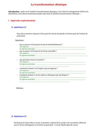 SECONDE COURS Transformation Chimique