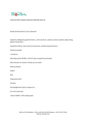 Fiche De Poste Garde D Enfants Les Petits Mouflets