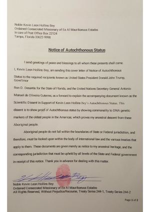 NOTICE OF AUTOCHTHONOUS STATUS; KEVIN LEON HOLLINS BEY {KLHB©™}