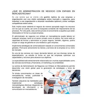 Administracion De Negocios con Enfasis en Mercadotecnia