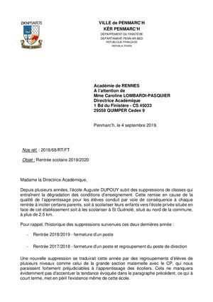 Courrier inspection académique Auguste Dupouy 2019