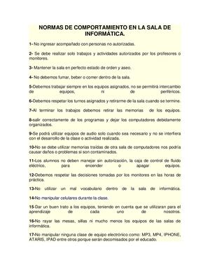 Normas De Comportamiento En La Sala De Informática