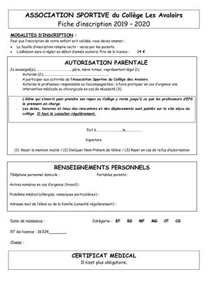Fiche Inscription As 2019 20