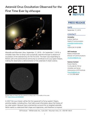 Asteroid Orus Occultation Observed for the First Time Ever by eVscope